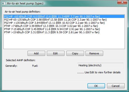 Figure 3-30: Air-to-air heat pump (types) dialog This facility supports defining the performance characteristics of one or more AAHP types. The entities defined here are types.