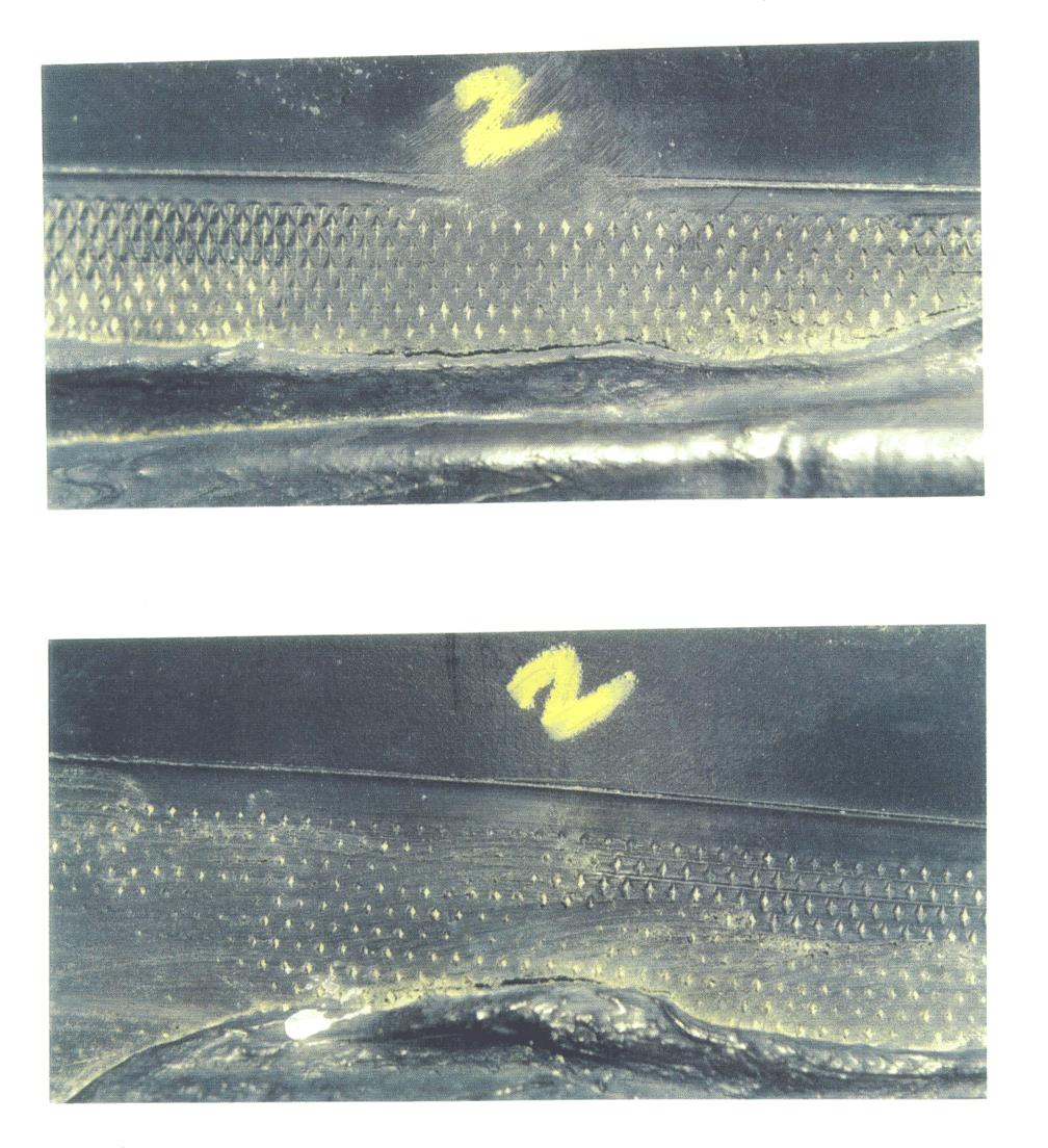 The most common location for stress cracks to occur is at and near the ends of extrusion beads, such as occur at a short bead repair or at the start/run-out of beads along seams at patches (Figure 4).
