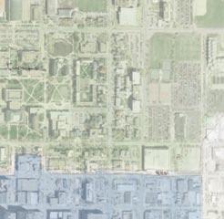 UNL is connected to the commercial district through a row of blocks that are part of each district.