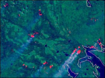 6 Figure 4. An AVHRR image showing the heat of active fires and their smoke plumes.