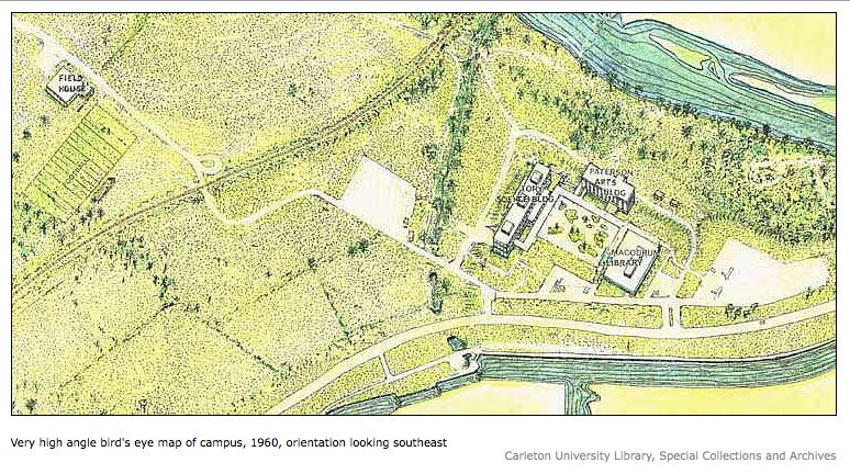 Construction History The earliest campus plans (1960), showed only a few buildings around a courtyard facing towards the Rideau Canal; there were no specific plans for this area