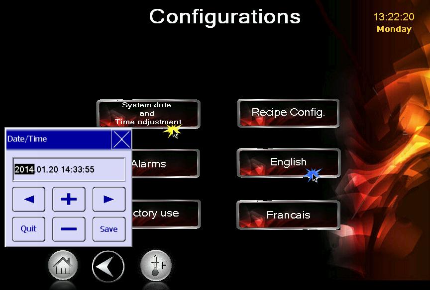 Initial Configurations Touch the Configuration button on the main display screen. The Configurations display screen will open. Touch the proper language button to change the displayed language.
