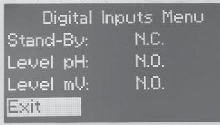 Figure 13-23 Digital Inputs Menu To end procedure move cursor on OK and press the wheel to proceed to Save request screen. Move wheel onto YES to save or NO to discard changes. 13.18 SERVICE This view only menu shows the live readings for the ph and ORP probes in millivolts.