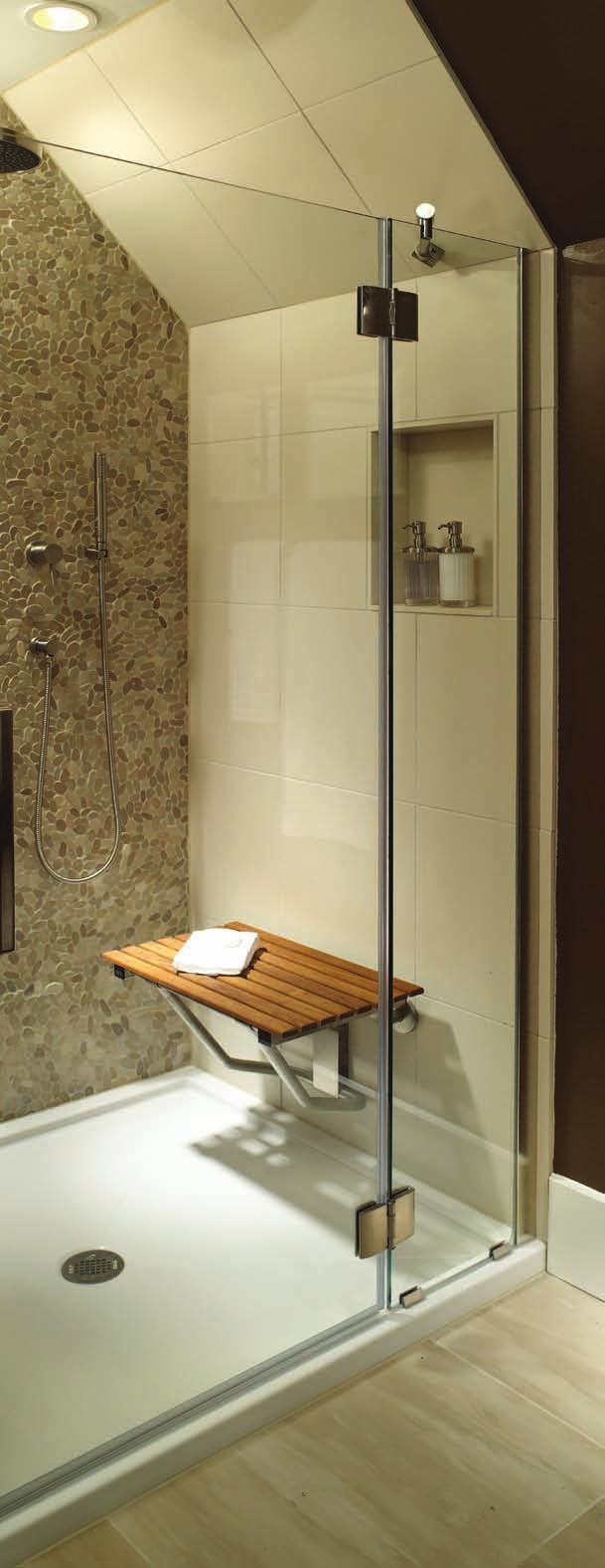 COMPLEMENTING TEAK PRODUCTS FACILITATE ACCESSIBILITY. Two styles of teak shower seats are available, designed to be mounted inside or outside the shower.