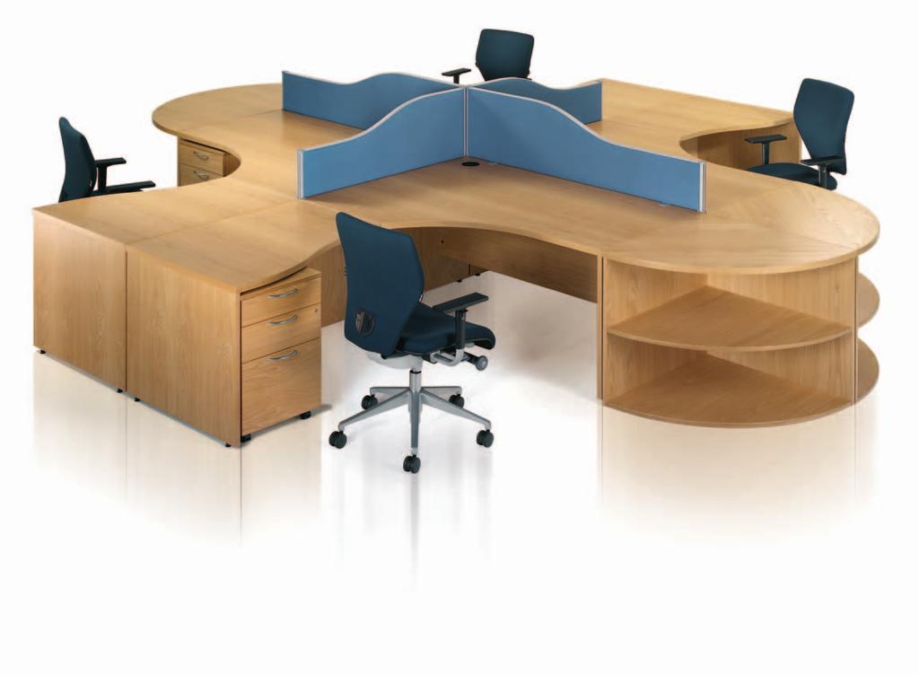 Ash Desk-end semi-circular tables and desk-high pedestals provide additional top space and practical meeting points, while a choice of three or