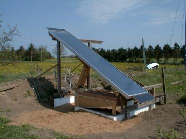 Figure 4.2. Photo of the first design of the solar crop dryer one unit. The final components of the solar crop dryer were: Collector: Outer dimensions: 4900 x 1070 mm². Transparent area: 4.77 m².