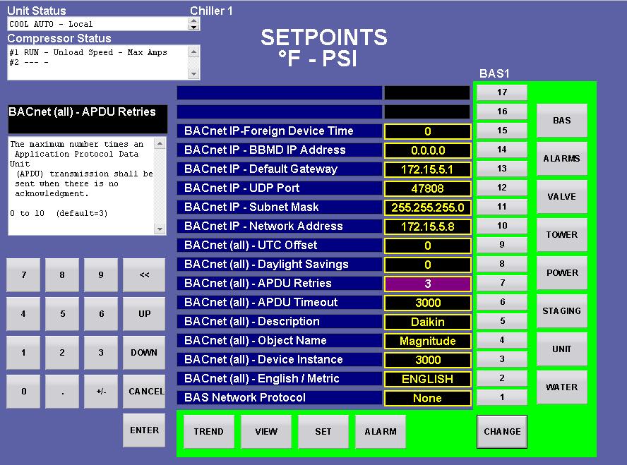 Operation SET Screens The Setpoint Screens on the Operator Interface Touch Screen (OITS) are used to input the many setpoints associated with equipment of this type.