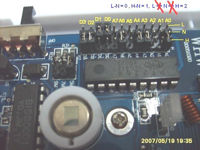 2) Locate the IC boards black jumpers, labeled A0-A7 and D0-D3.