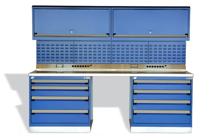 Maintenance Workstation 2 upper cabinets with double doors; 2 tiltable shelves; 15A power feed panel with 6 outlets; 2 heavy-duty "R" cabinets with lock, 30 W x 27 D, each with 5 compartmentalized
