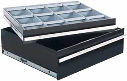 Drawer Systems Black textured powder coated finish Aluminum extruded drawer pulls with label area Drawer equipped with heavy-duty ball bearing slides Drawer outfitted with polystyrene