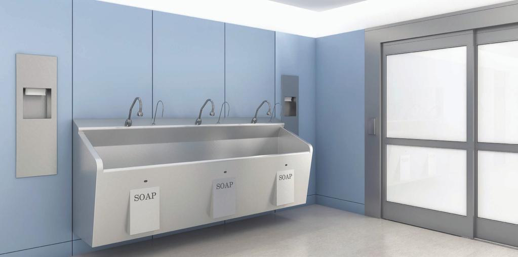 Stainless Steel and Bio-Deck Deluxe Stainless Steel ESS-3300 Sink shown with integrated gooseneck surgical bend faucet and knee activated soap dispenser.