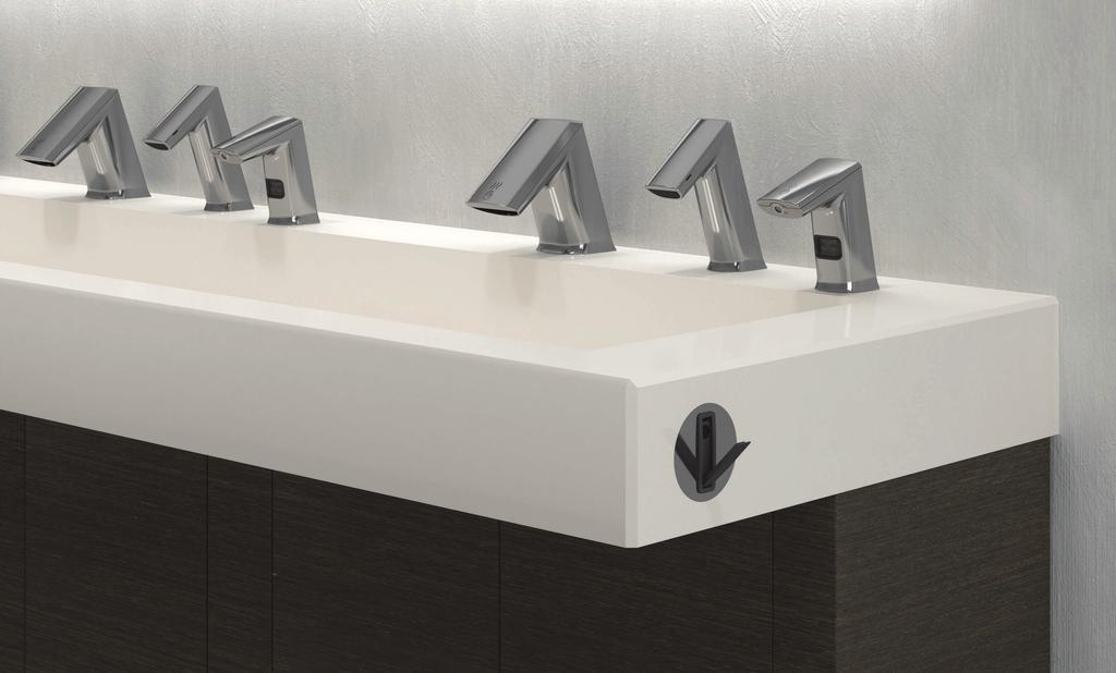 AER-DEC Integrated Sink AD-82000 in Glacier White Corian shown with beveled sink edge, vertical cabinet style laminated doors and bag hook.