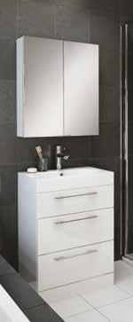 7 Streamlined and sophisticated with fantastic storage with a choice of 2 sizes, 2 basins and 2 colour finishes. CURVED WASHBASIN 600MM Code Price E1464 111.