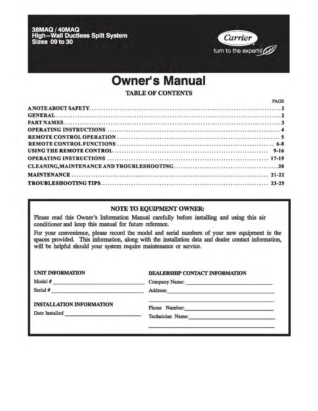 Owner s Manual TABLE OF CONTENTS PAGE A NOTE ABOUT SAFETY... 2 GENERAL... 2 PART NAMES... 3 OPERATING INSTRUCTIONS... 4 REMOTE CONTROL OPERATION... 5 REMOTE CONTROL FUNCTIONS.