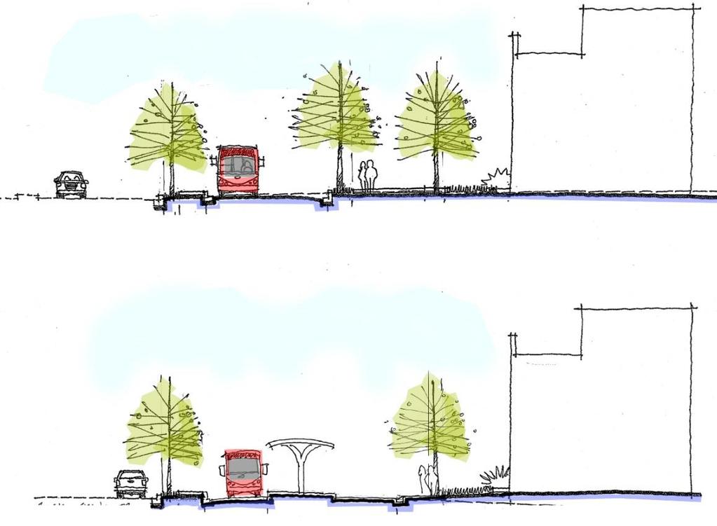 Station BRT Lane ±6-ft Promenade Cross Sections illustrating potential conditions with an implemented BRT System.