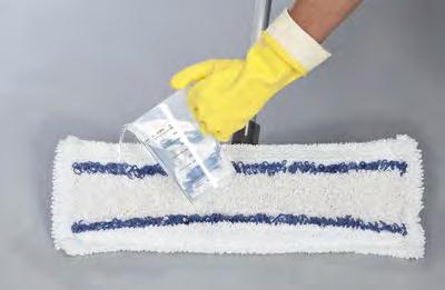 suitable quantity of cleaning solution from the bucket 2 Pour 2/3 of the cleaning solution directly onto the mop 3