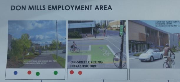 Don Mills Employment Area Design options included both on-street and offstreet cycling lanes. Overall, participants expressed a preference for off-street cycling infrastructure on Wynford Drive.
