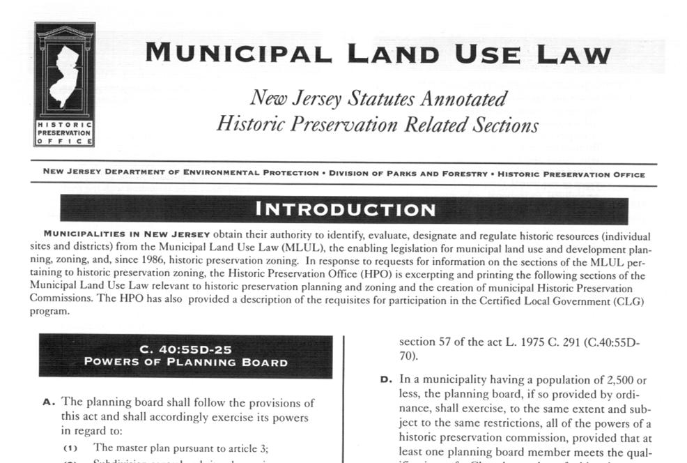 New Jersey Law: Prior to 1985, preservation Ordinances in New Jersey were