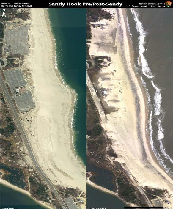 Image of Sandy Hook pre/post Hurricane Sandy Key National roads and bridges Park that Service provided access were lost Note loss of parking lots Climate Change