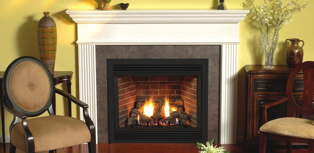 Premium Series Madison Premium Direct-Vent Fireplace (DVP36FP) with White Profile Mantel shown with Optional Aged Brick Liner, Black Outer Frame, Slat Louvers, and Bottom Trim.