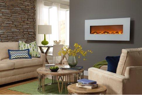 Ivory Wall Mounted Electric Fireplace IVORY White Wall Mounted Electric Fireplace - 80002 PRODUCT HIGHLIGHTS: Features a unique, white glass frame surrounding the firebox display Features unmatched