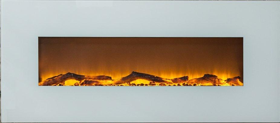 Touchstone Ivory is a beautiful, 50" wide, electric fireplace with realistic flames and contemporary white frame that will make a strong design statement in your living room, family room or any room