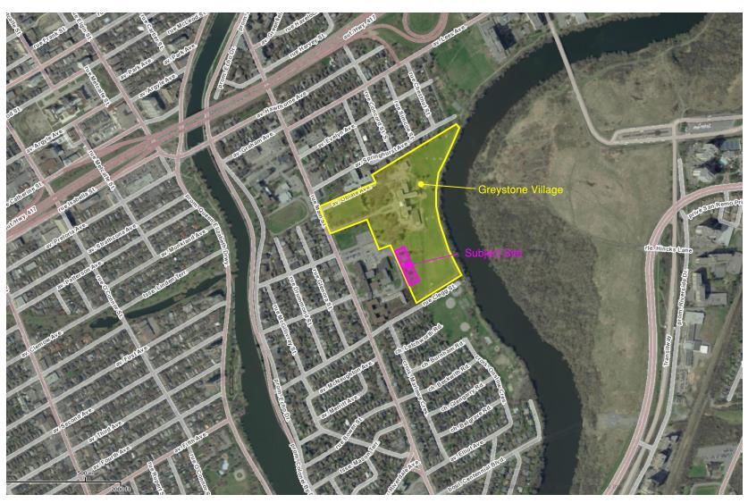 Residential properties are located to the north and south of Greystone Village. The Rideau River bounds Greystone Village to the east. St.
