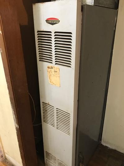 1. Heating Type Gas forced air furnace. Heat/AC 2. Heater Location The furnace is located in the hall closet upstairs. Furnace is Gaffers and Sattler Brand.