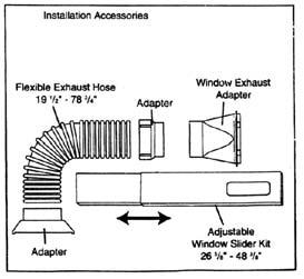 INSTALLATION Installation Accessories (Fig. 25) Fig. 25 Flexible exhaust hose with adapters...3/set stretches from 19 1/2" to 78 3/4" Window exhaust adapter (flat mouth ).