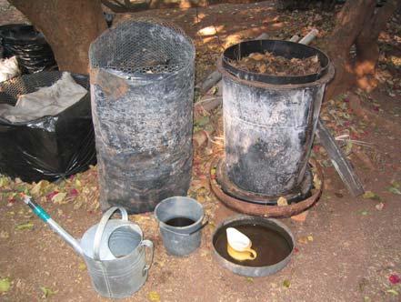 In this case the liquor which drains through the composting leaves is directed to a liquor catching tray and retained and can then be applied to seedlings and more mature plants as a plant food.
