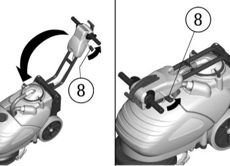 6. Holding the handle bar firmly, lift the front part of the machine making it rotate onto the rear wheels bringing it into the vertical position as shown in the figure. 3.