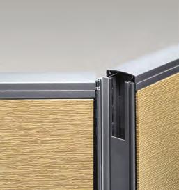 Panels are made of two interior sheets of 1/4" think fiberglass, inside a steel tubing frame. Fabric finishes the outside, held in place at the top and bottom by horizontal rails.