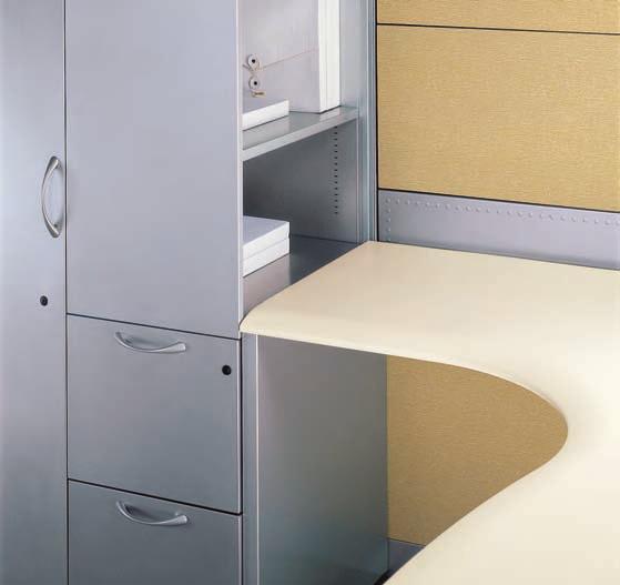 Interworks EQ sectional panels: Reflection Gold, Platinum Metallic; shown with Footprint worksurfaces and storage INTERWORKS EQ The right tools for the job Spacious worksurfaces, places to put