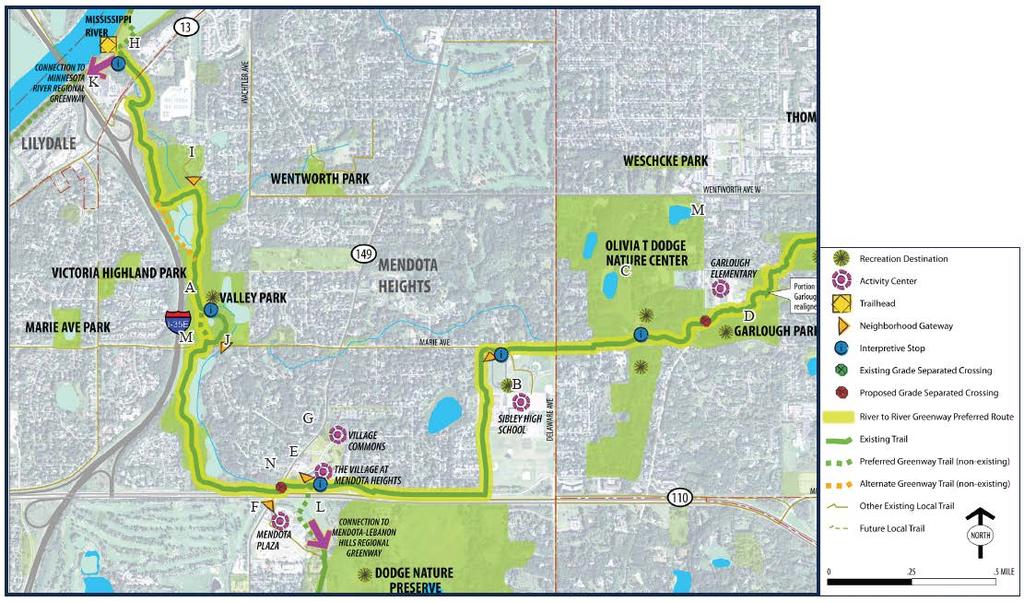 The master plan identifies two alternate trail alignments for 1.4 miles of trail that pass through Valley Park in Mendota Heights. The existing trail has several sharp turns and areas of steep slopes.