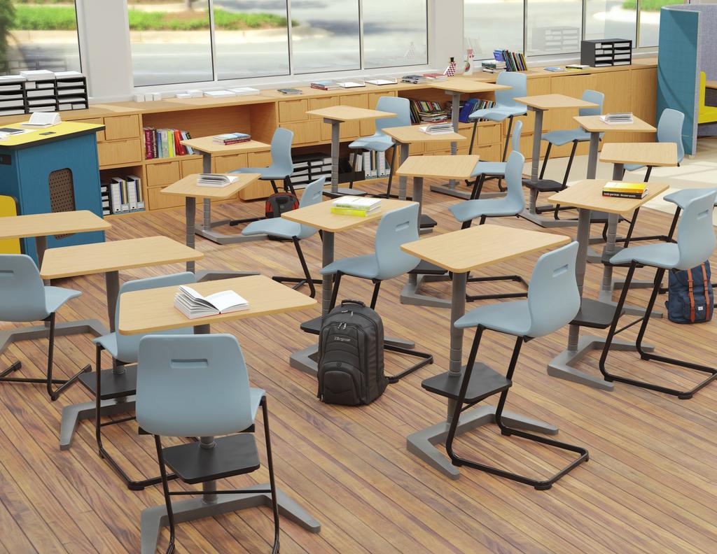 The integrated height adjustable footrests allow students in the back