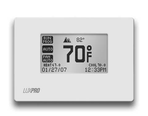 Introducing the LUXPRO PSPU721T touch-screen thermostat with 2-stage heating, 1-stage cooling control and fossil fuel switch (Available only when combined with LUXPRO Outdoor Wireless Transmitter and