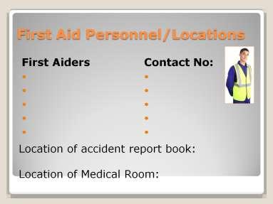 SHOW above slide (having inserted the relevant information) and REFER delegates to page 13 in delegate handout: First Aid Personnel and Locations to write details in handout.
