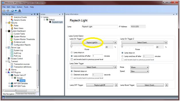 Create a RaytecLightOn event under Milestone user-defined events and select it on the Raytec Lamp Control Option under Lamp On Trigger 1 event.