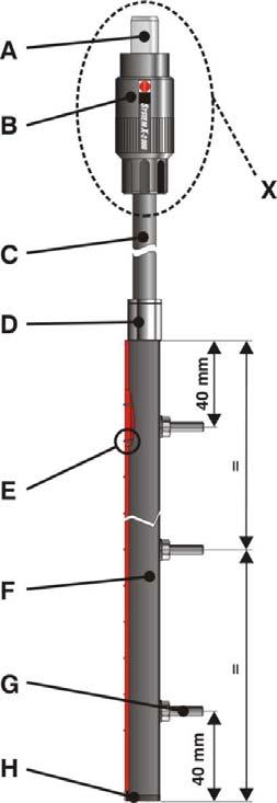 4 Description of unit Rectangular ionizing bars: EI PRX, EI PRV A: Pin bushing B: Screw cap C: High-voltage cable D: Connection sleeve E: Ionizing pin F:
