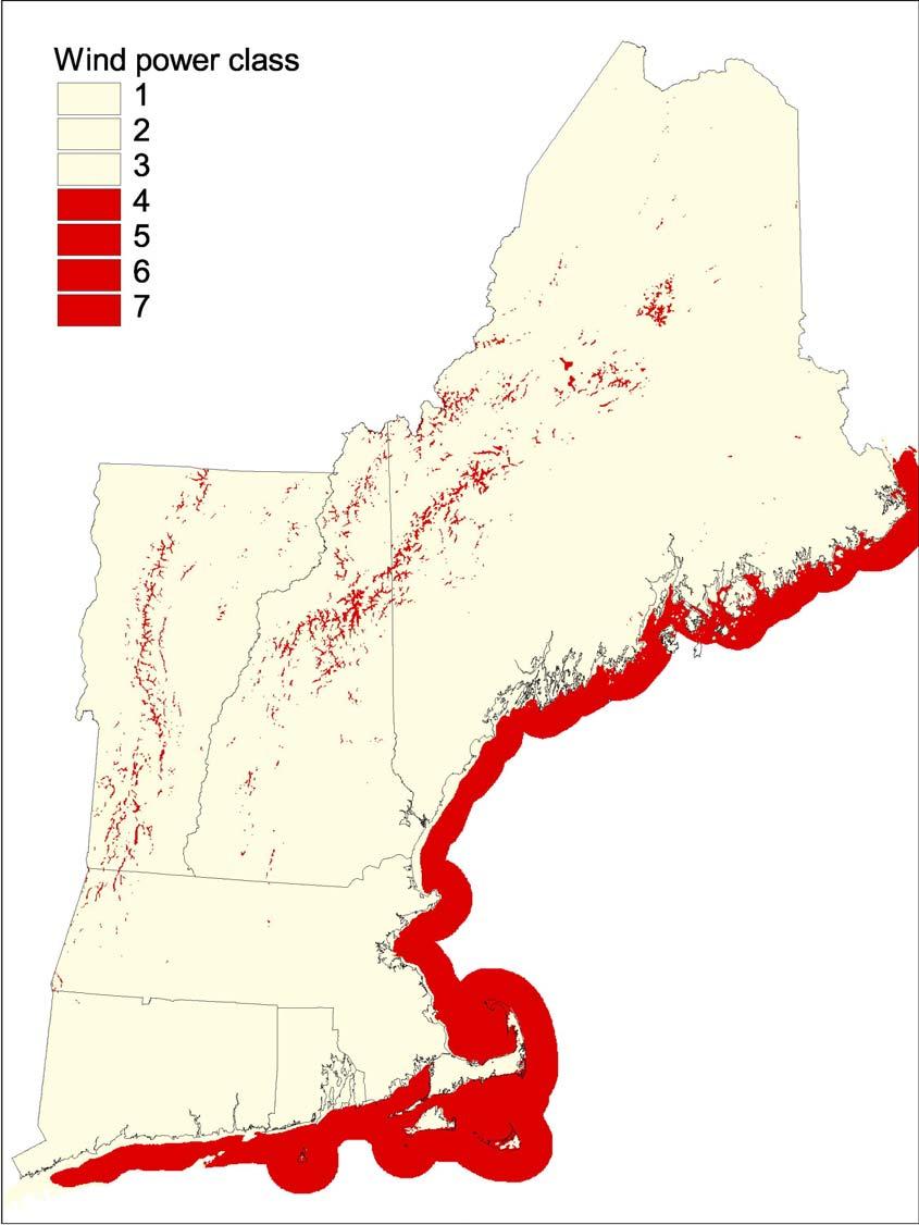 Map 1 Class 4 and above wind resource in New England. (Class 4 is considered the minimum wind resource necessary for commercial development given current technology and economics.