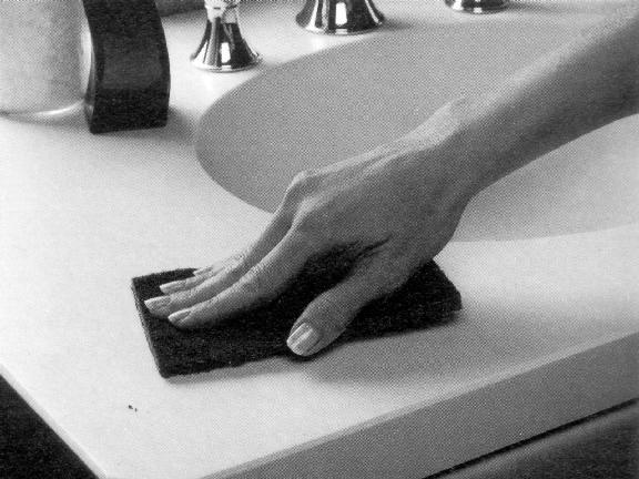 If a stain doesn t respond to soap and water, for a matte finish, apply an abrasive cleanser and buff with a Scotch-rite pad using a circular motion. The same technique can be used for burns.
