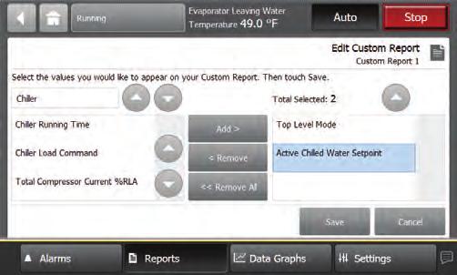 The Reports screen contains the following buttons: Custom Report1 Custom Report2 Custom Report3 Evaporator Condenser Compressor Motor About Operating Modes Log Sheet ASHRAE Chiller Log Each button