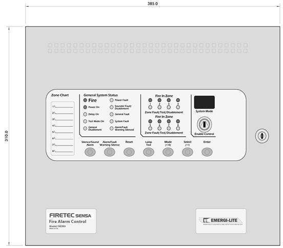 5. Control panel fascia In addition to the mandatory controls and indications required by the EN54-2 standard, two, seven segment, LED displays and MODE, SELECT and ENTER buttons are provided to