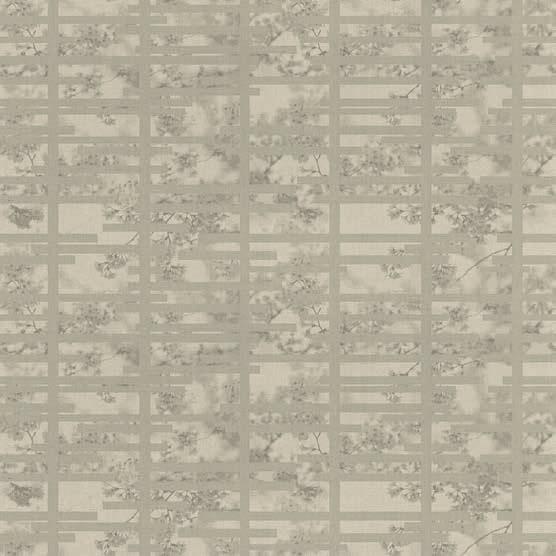 FUJI GRAPHIC ELEMENTS Wallcovering decorated with an abstract design of a Japanese garden in spring, featuring cherry blossoms filtered by a rigorous architecture to express the blend of East and