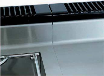 inclined controls at an ergonomic height clearly visible, space provided on certain units for dressing the plates, peripheral channels around griddles.