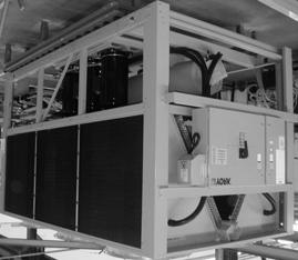 Each unit includes four, five or six hermetic scroll compressors, a liquid cooler, air cooled condensers, and a weather resistant microprocessor control centre, all mounted on a formed steel base.
