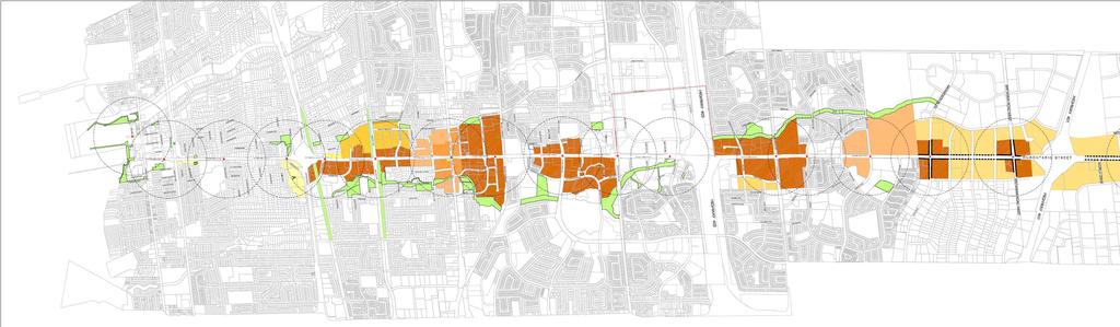 The Master Plan applied the overall corridor strategies to the various unique character areas that form this corridor, with recommendations regarding permitted uses; densities, heights; street