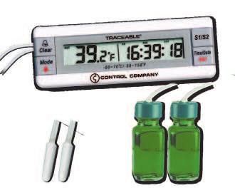 temperature rises above or falls below two set points, alarm is programmable in 1 degree increments Supplied: battery, lip-open stand, probes, 3½-foot cable, magnetic strips, Velcro tape, Traceable