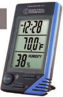 1 ±1 C 4¼ x 2¼ x ½ inch, 2½ ounces Humidity: 20 to 90% RH 1% ±5% RH midrange otherwise ±8% RH Traceable Big-Digit See-Thru Thermometer Jumbo, see-thru display automatically clears and updates MIN/MAX
