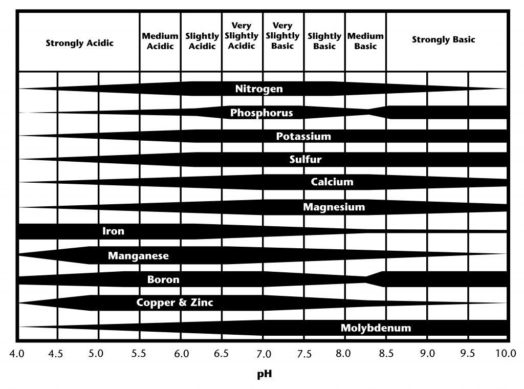 Figure 1. The influence of soil ph on nutrient availability for 12 different plant nutrients. The thicker the line, the more available the nutrient.